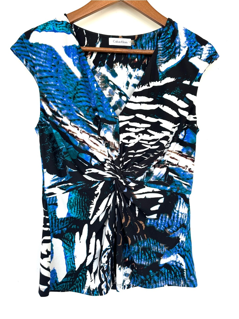 Calvin Klein Teal & Black Abstract Twist-Front Cap Sleeve Top, Stretch Knit